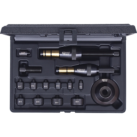 Werkzeugkoffer mit verschiedenen Werkzeugen für Reparaturen. Schwarze Elemente, goldfarbene Akzente, Beschriftungen.